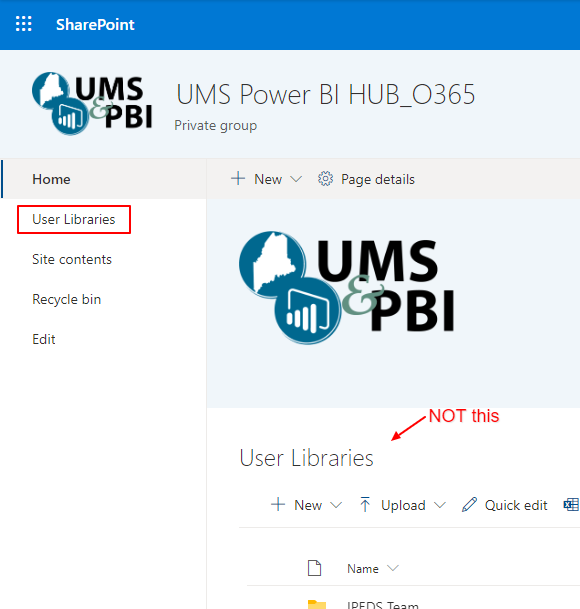 UMS Power BI HUB select user libraries in left column