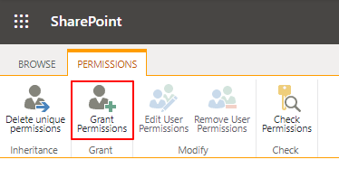 SharePoint permissions tab select Grant Permissions
