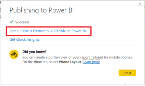 Link to Power BI Service after publishing