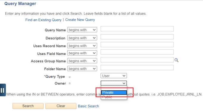 screenshot for selecting private queries