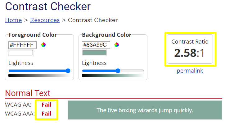 screenshot of WebAIM- test failed