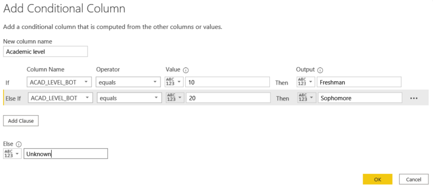 Enter rules in the Add Conditional Column dialogue box