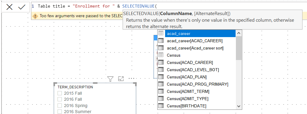 Table title menu appears when entering DAX
