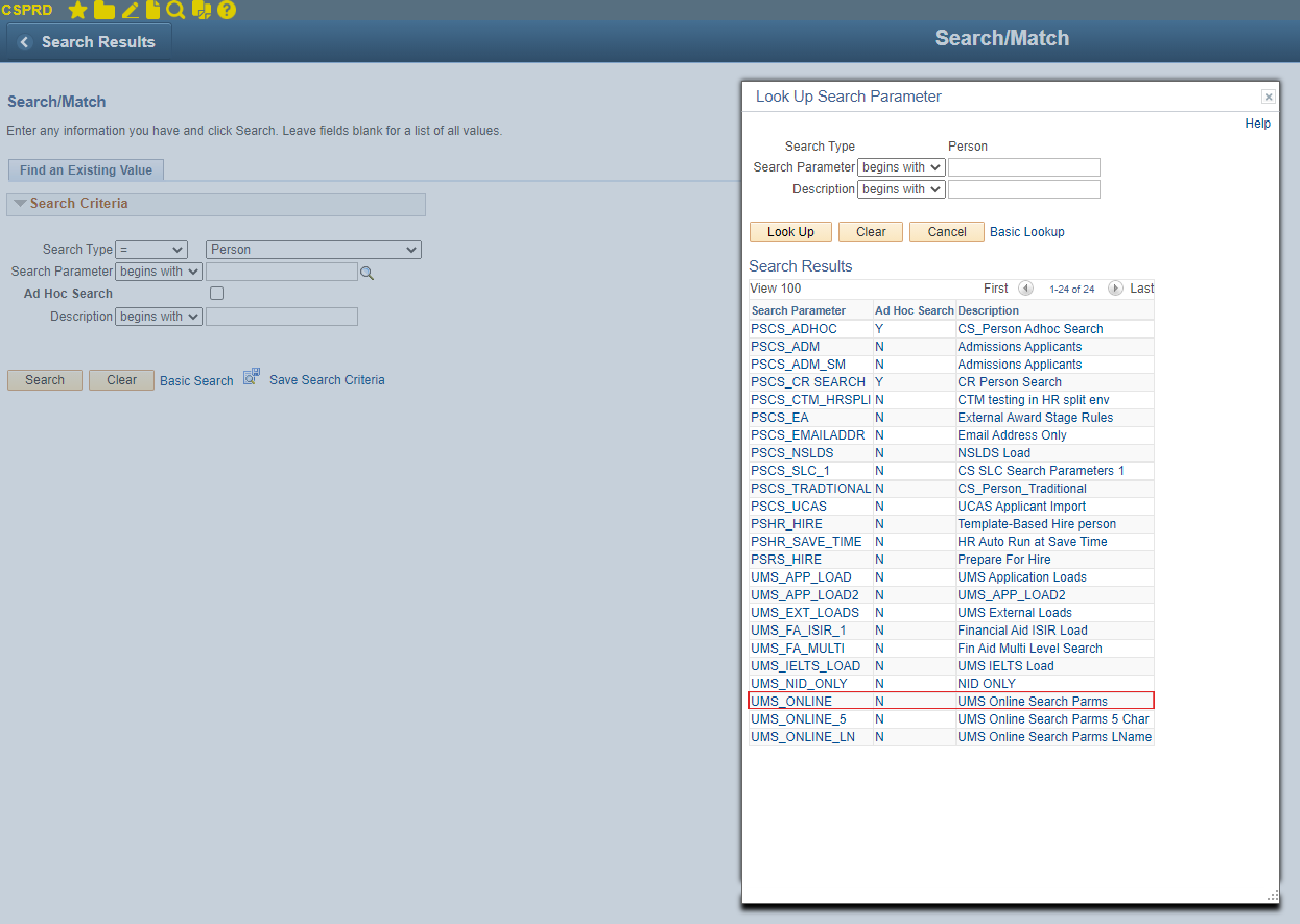 Choose from the Search Parameter lookup window