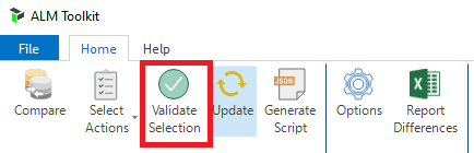 Validate Selection in ALM Toolkit Home tab