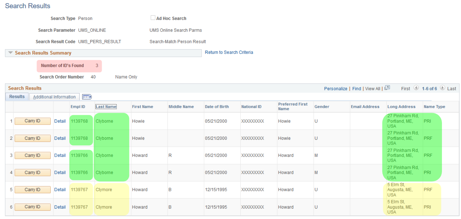 Review Search Results screen showing duplicate IDs