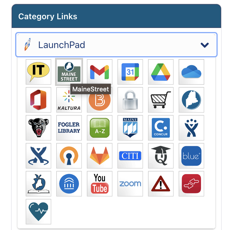Image of myCampus Launchpad. Select the MaineStreet Icon, second from the left, top row.