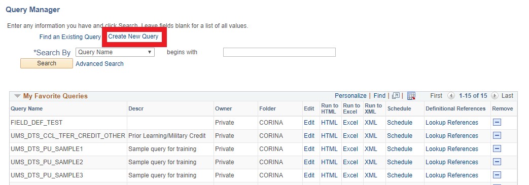 Create new query option in Query Manager Create new query option in Query Manager