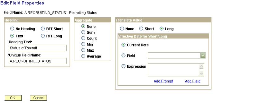 Edit Field Properties dialogue box in Query Manager