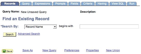 Create New Query Screen Create New Query Screen