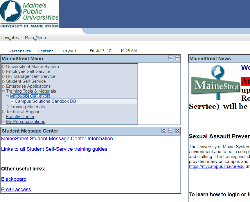 MaineStreet Menu Showing Sandbox Databases MaineStreet Menu Showing Sandbox Databases