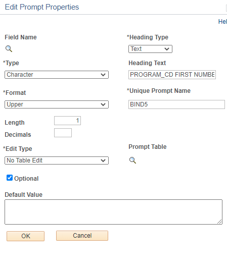 Enter info in the Edit Prompt Properties dialogue box