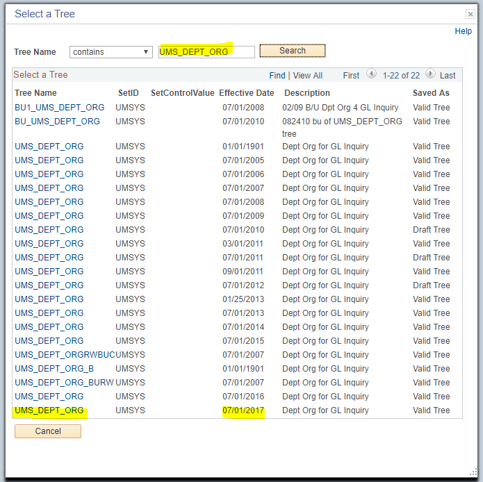Highlighted UMS_DEPT_ORG in Tree Name