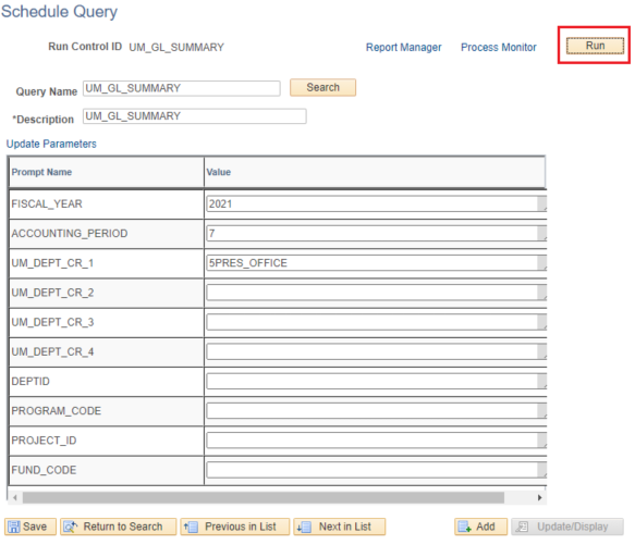 screenshot of schedule query with Run button screenshot of schedule query with Run button