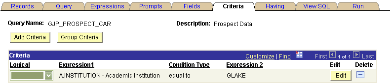 Criteria tab in Query Manager