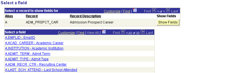 Select a Field dialogue box in Query Manager