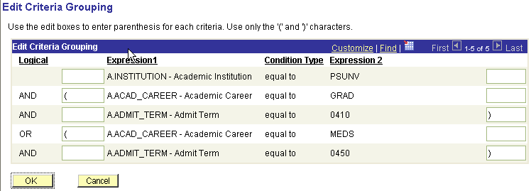 Edit Criteria Grouping dialogue box