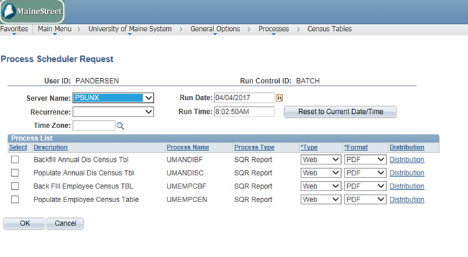 Screen shot of Process Scheduler Request