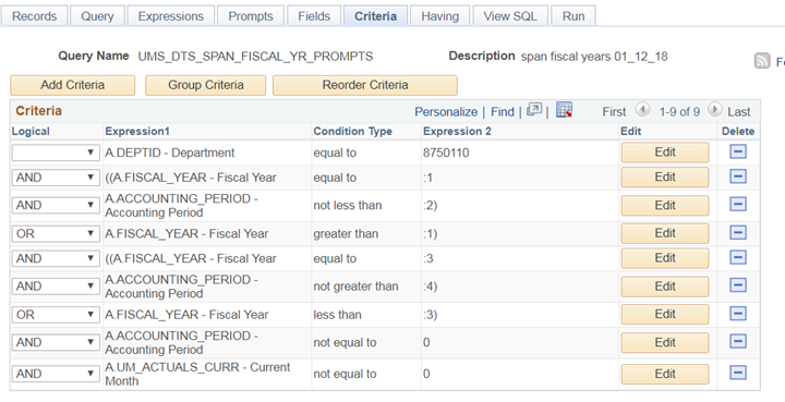 Criteria Tab Screen