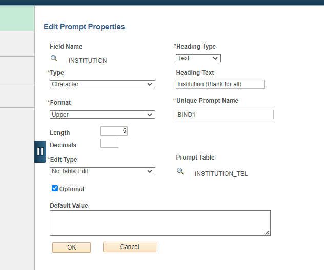 Select Optional checkbox in the Edit Prompt Properties dialogue box