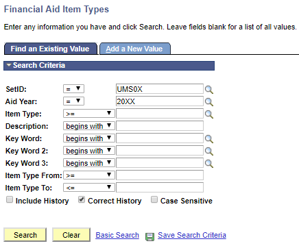 Financial Aid Item Types Screen