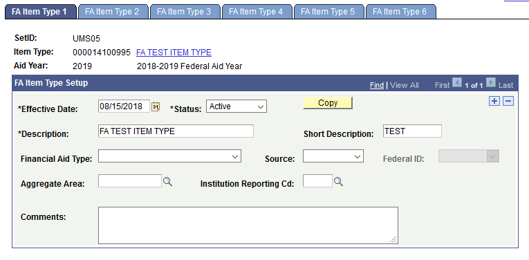 FA Item Type Setup Screen