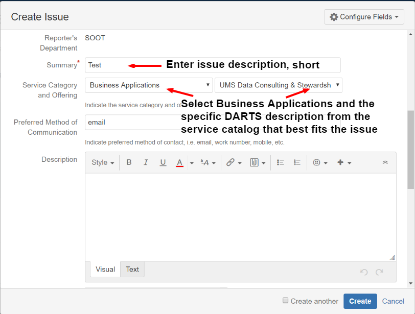 Image of Create Issue dialogue box in JIRA with summary and service category