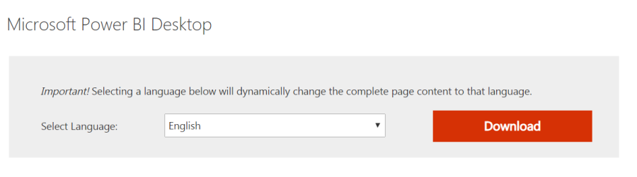 Power BI installation screen for choosing a language