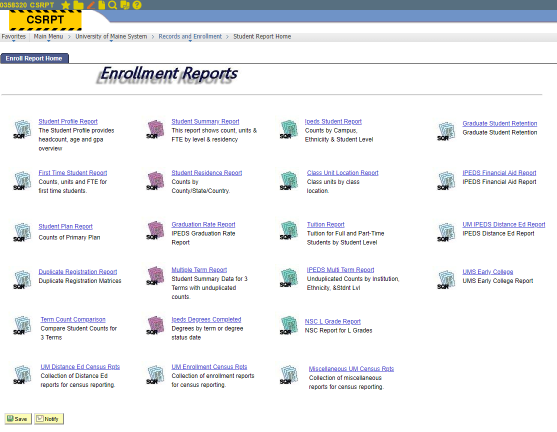 Student Report Home page contents