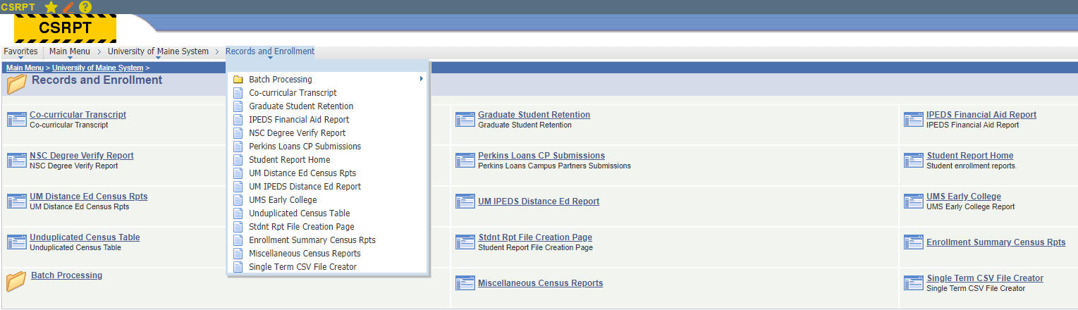Old Records and Enrollment dropdown menu