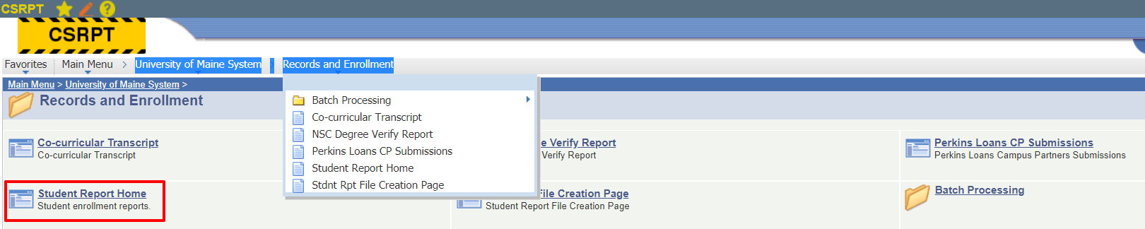 New Records and Enrollment dropdown menu