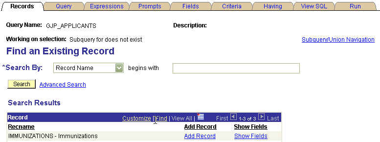 Records tab showing record search Records tab showing record search