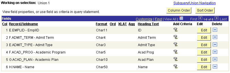 Filelds tab showing fields available