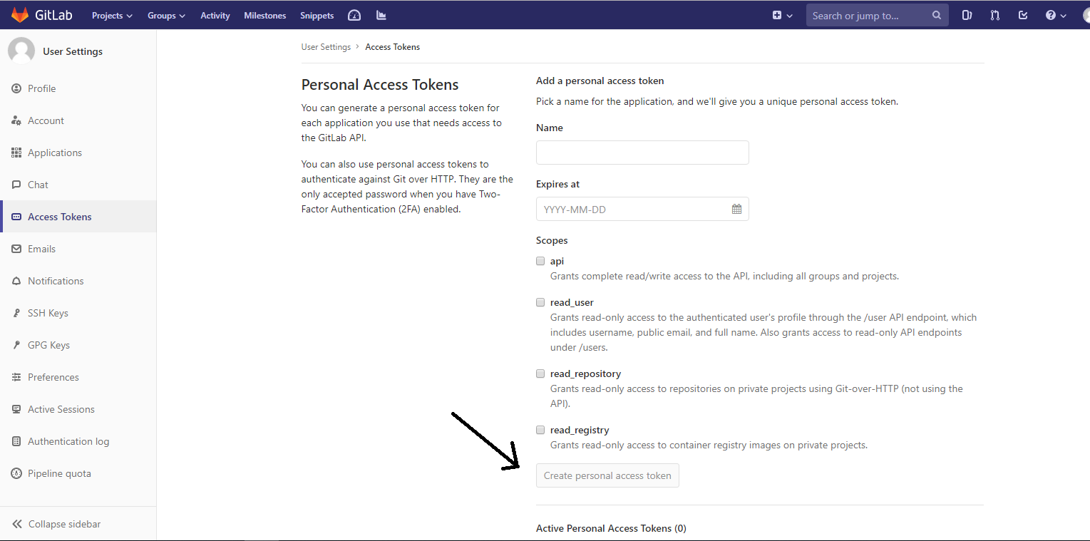 GitLab personal access token screen