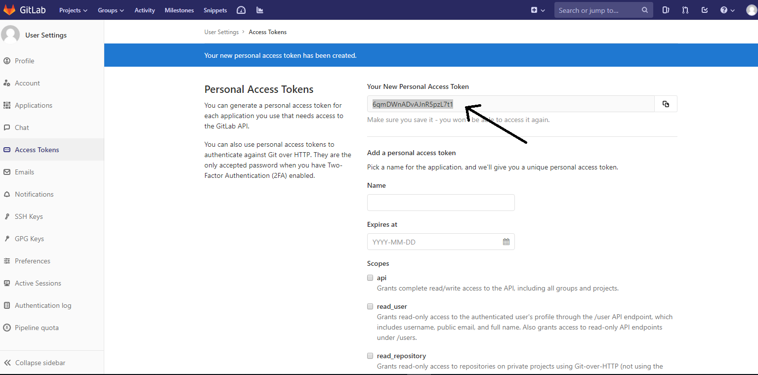 GitLab personal access token screen showing token