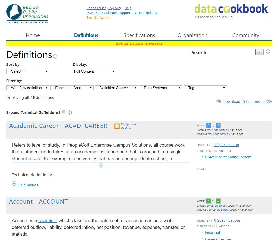 Browse Definitions page in Data Cookbook Browse Definitions page in Data Cookbook