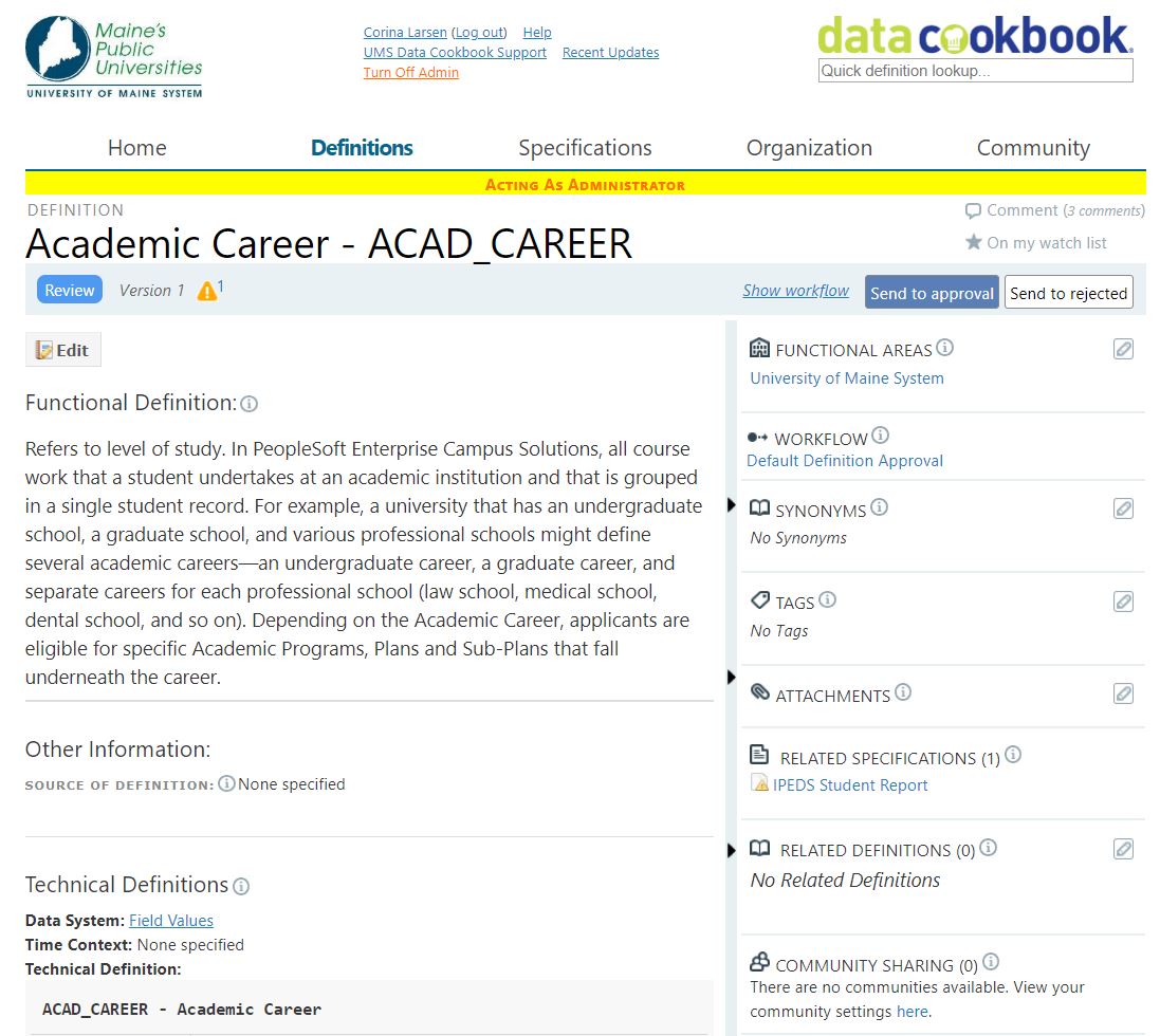 Screen of an open definition for Academic Career Screen of an open definition for Academic Career