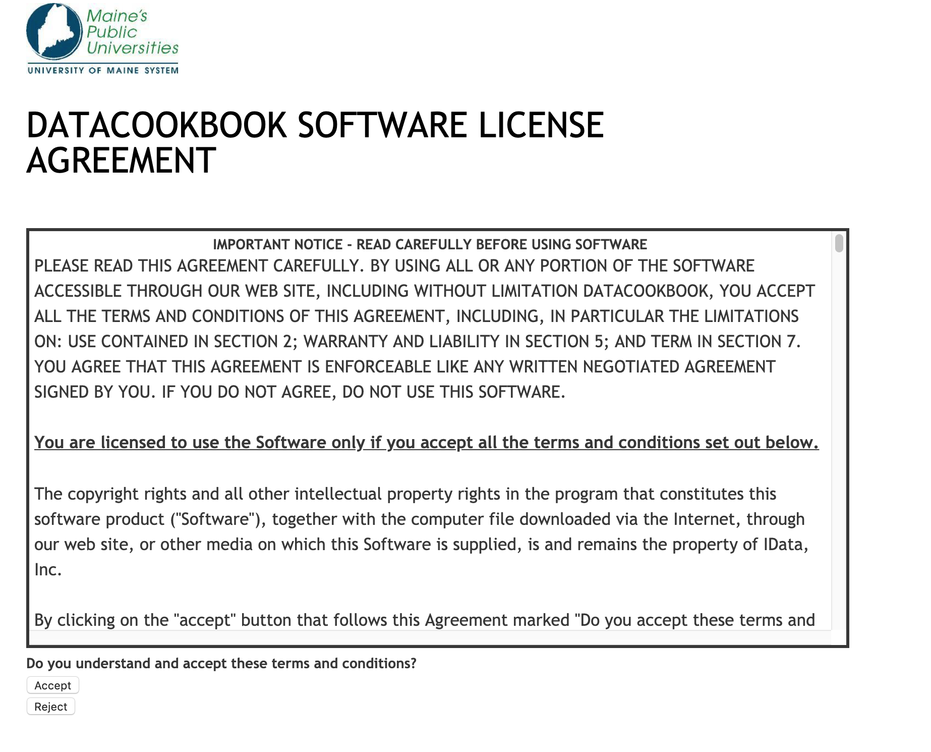 Data Cookbook Software License Agreement Screen