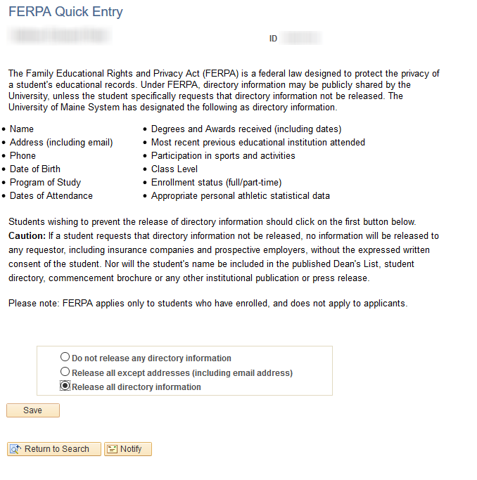 Student FERPA data entry screen in MaineStreet