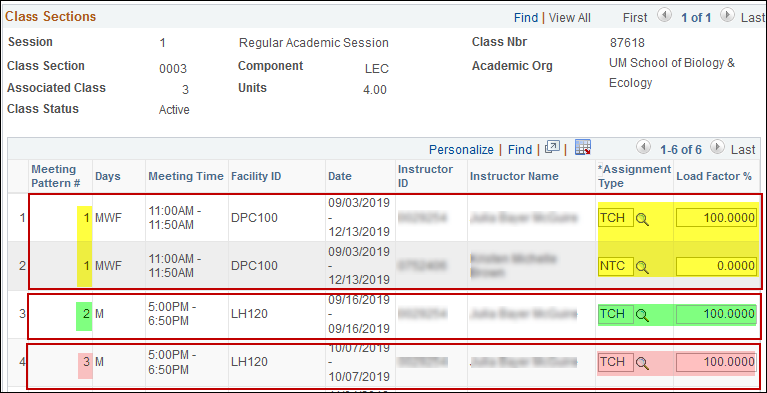 Class Sections screen