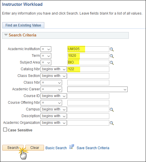 Enter information into the Instructor Workload search screen