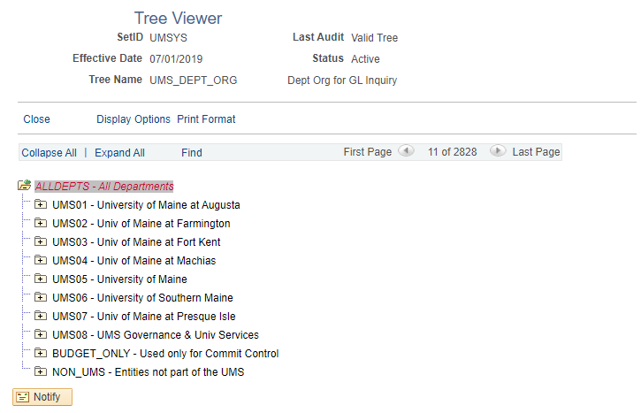 Tree Viewer showing All Departments