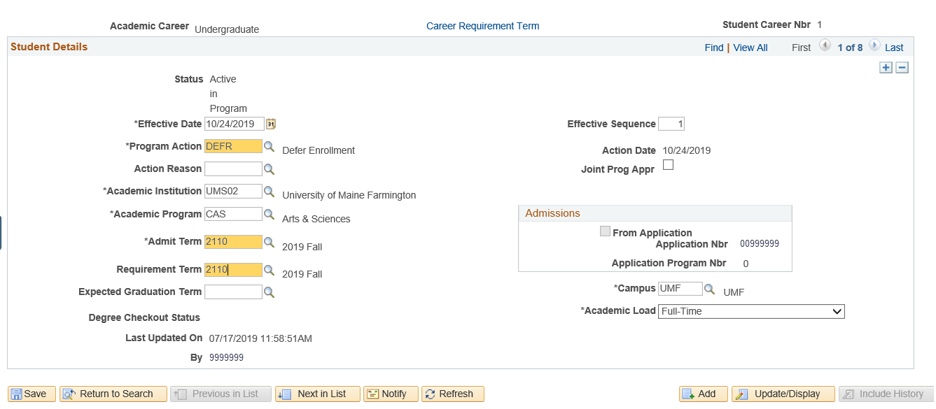 Student Details screen for program plan