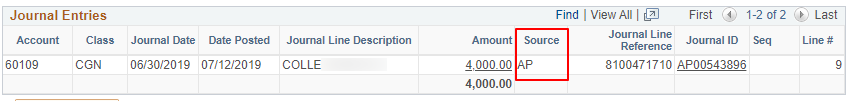 screenshot of GL inquiry- Account Payable