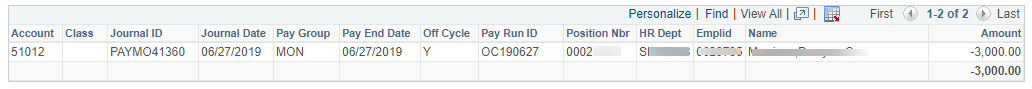 screenshot of GL inquiry for PAY detail