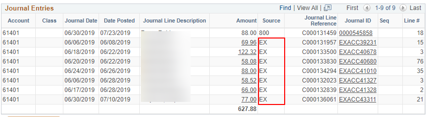 screenshot of GL inquiry - Expense