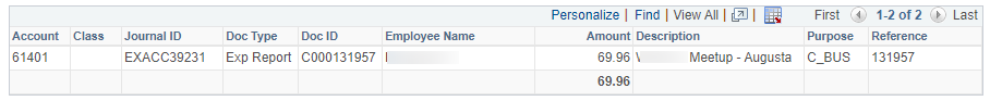 screenshot of GL Inquiry for EX detail