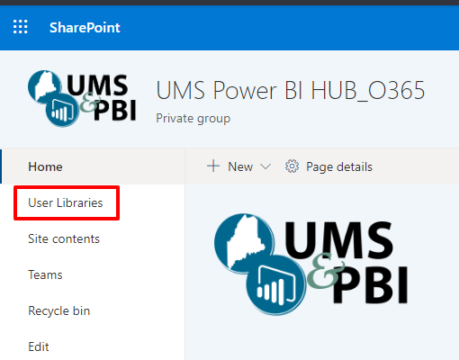User libraries on UMS Power BI HUB on Sharepoint