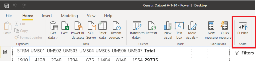 Power BI Ribbon. Choose Publish