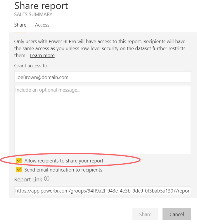 Power BI Sharing Screen. Allow Share toggle